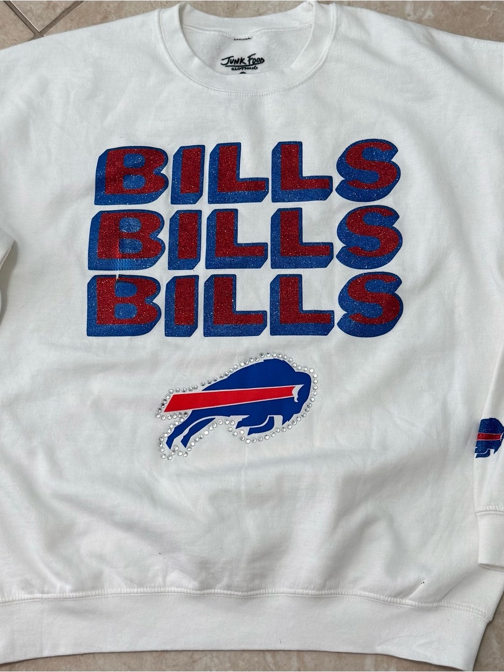 Junk Food Clothing White Crewneck with Red & Blue 'BILLS' Graphic
